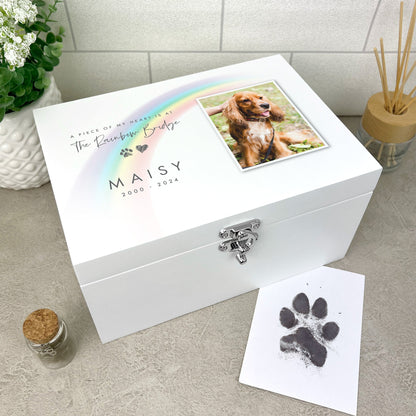 Personalised White Wooden Rainbow Bridge Pet Photo Memorial Keepsake Box - 3 Sizes