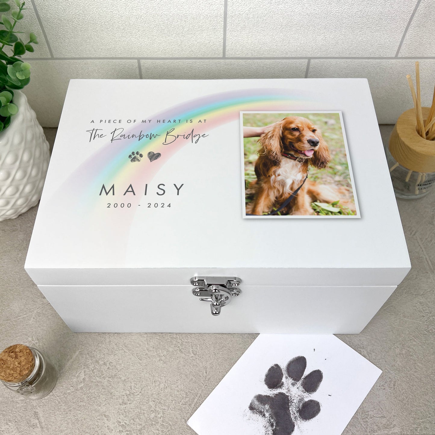 Personalised White Wooden Rainbow Bridge Pet Photo Memorial Keepsake Box - 3 Sizes