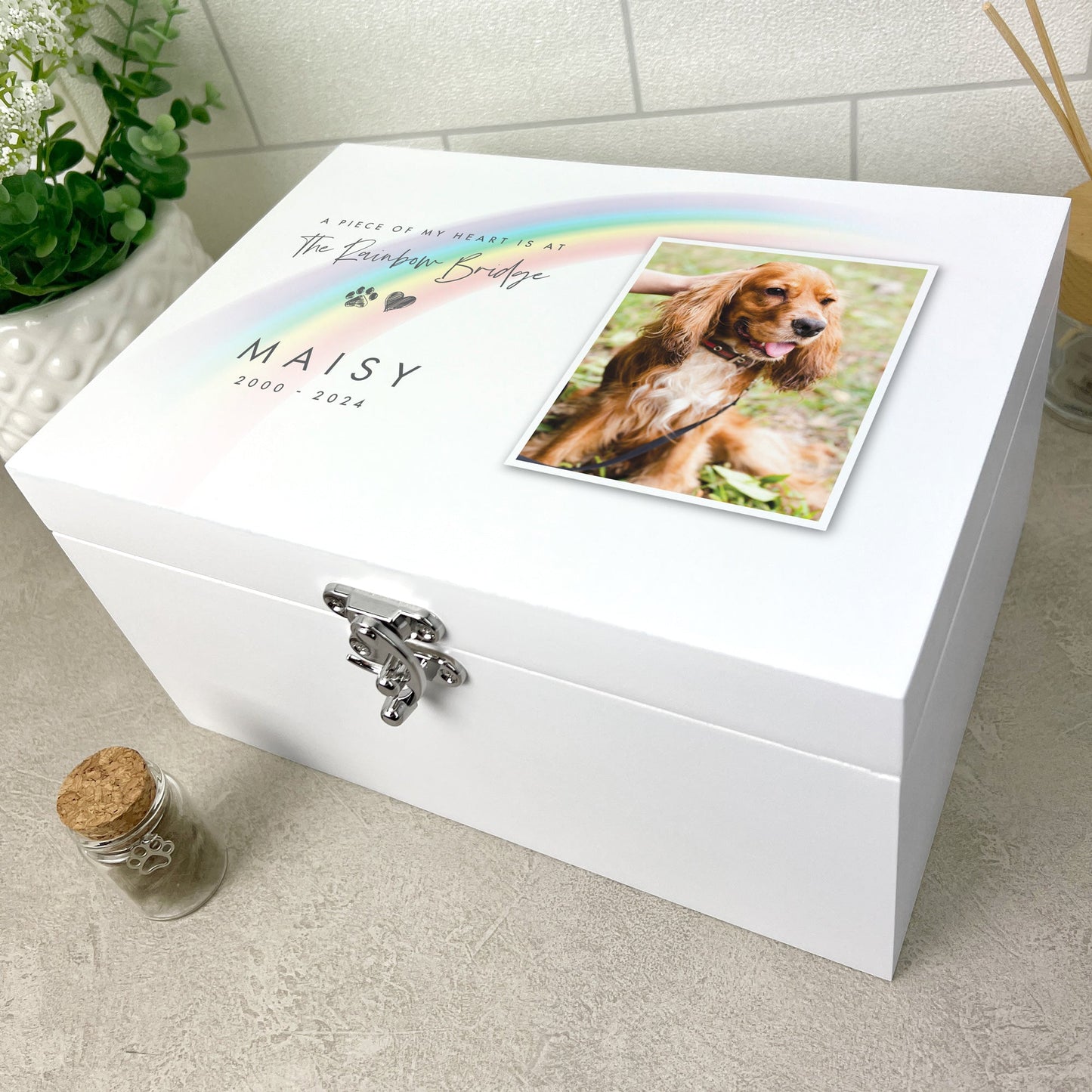 Personalised White Wooden Rainbow Bridge Pet Photo Memorial Keepsake Box - 3 Sizes