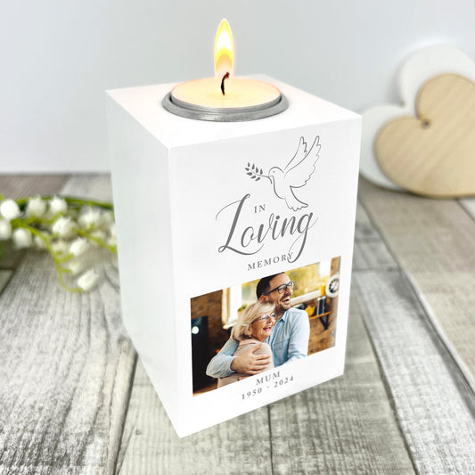 Personalised In Loving Memory Dove Photo Memorial White Tea Light Holder