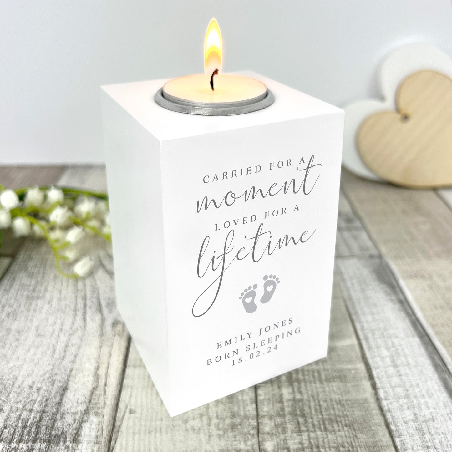 Personalised Angel Baby Memorial White Wooden Photo Tea Light Holder