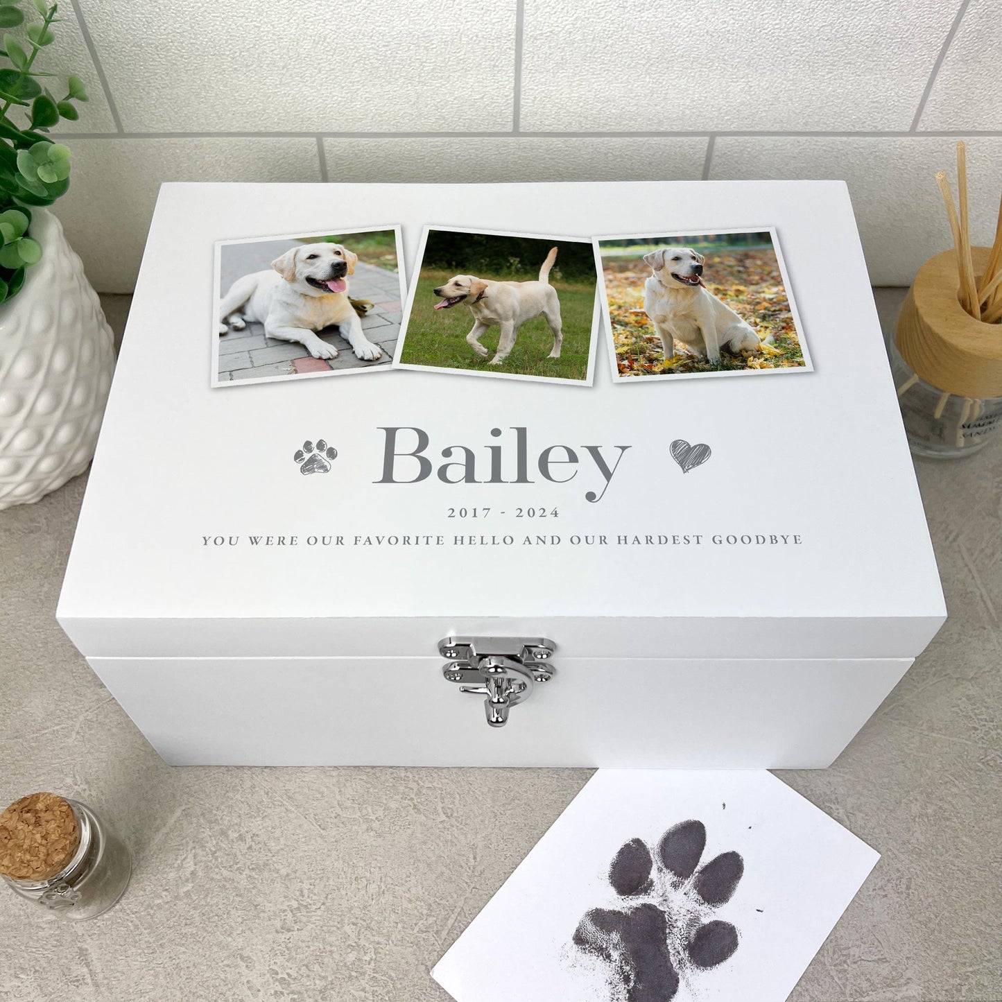 Personalised White Wooden Three Photo Pet Memorial Keepsake Box - 3 Sizes