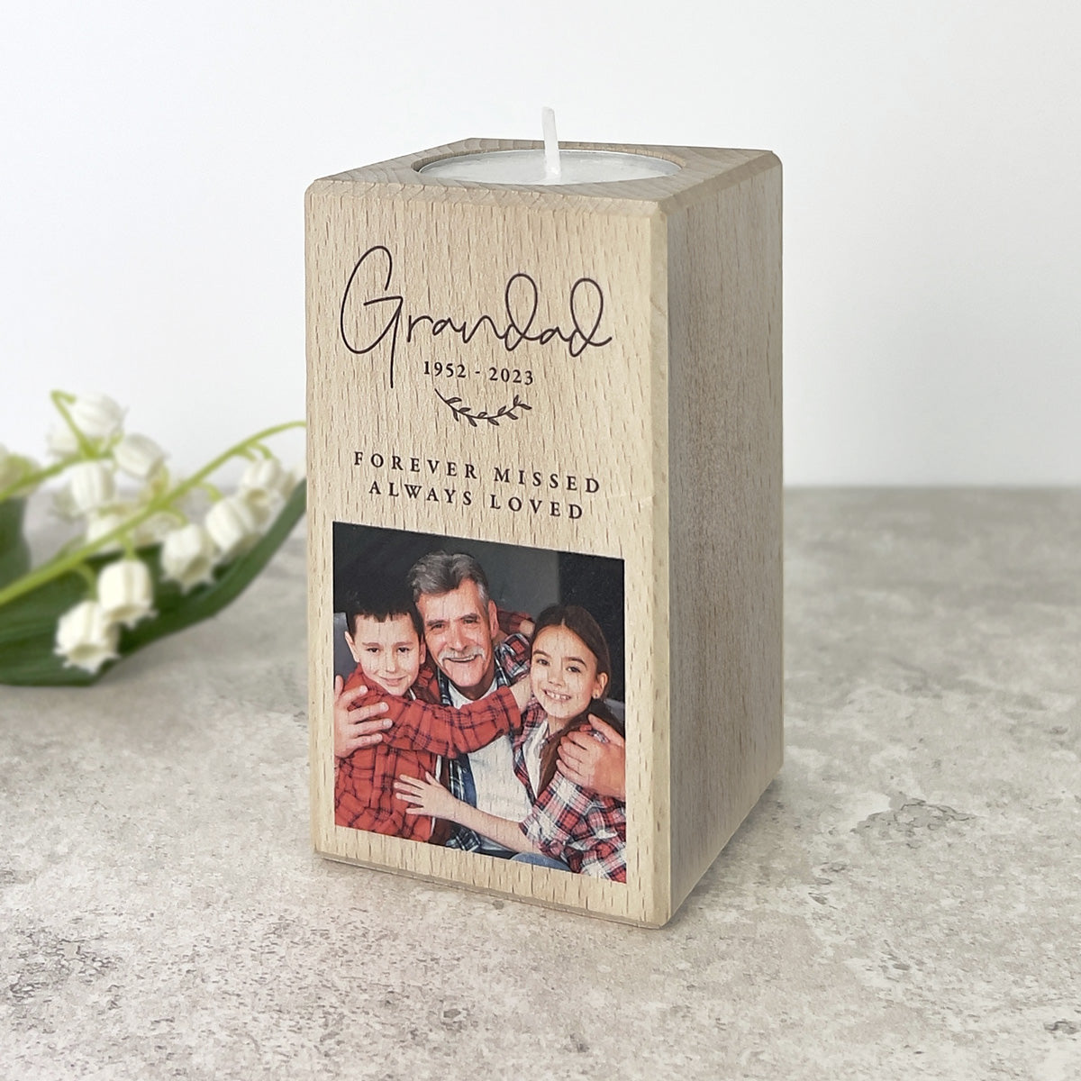 Personalised Solid Wooden Photo Memorial Tea Light Holder - 2 Sizes