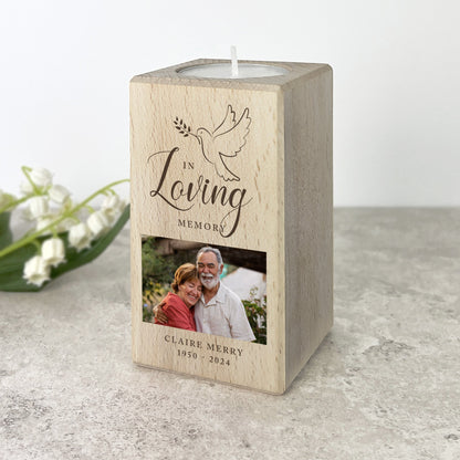 Personalised Memorial Dove Solid Wood Photo Tea Light Holder - 2 Sizes