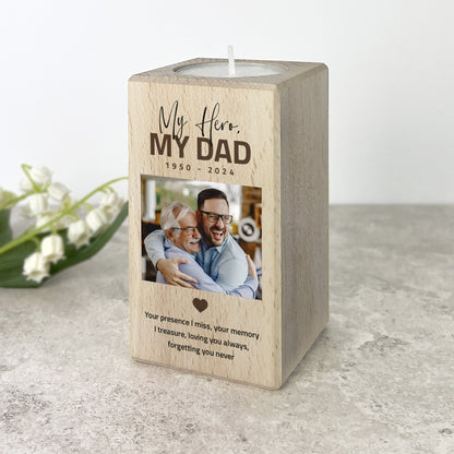 Personalised Memorial Bold Text Solid Wood Photo Tea Light Holder - 2 Sizes