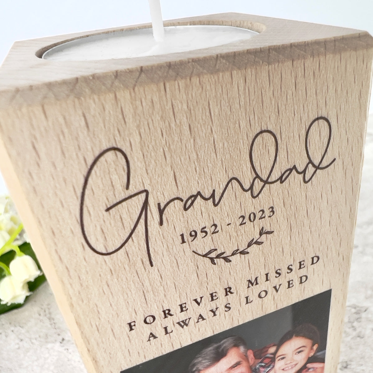 Personalised Solid Wooden Photo Memorial Tea Light Holder - 2 Sizes