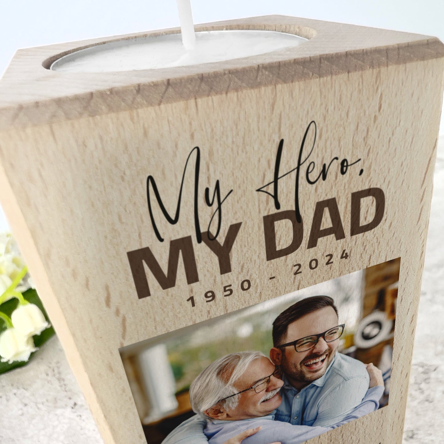 Personalised Memorial Bold Text Solid Wood Photo Tea Light Holder - 2 Sizes