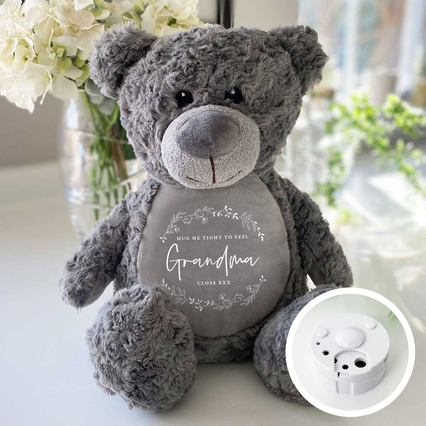 Personalised Wreath Record-A-Voice Keepsake Bear - Grey