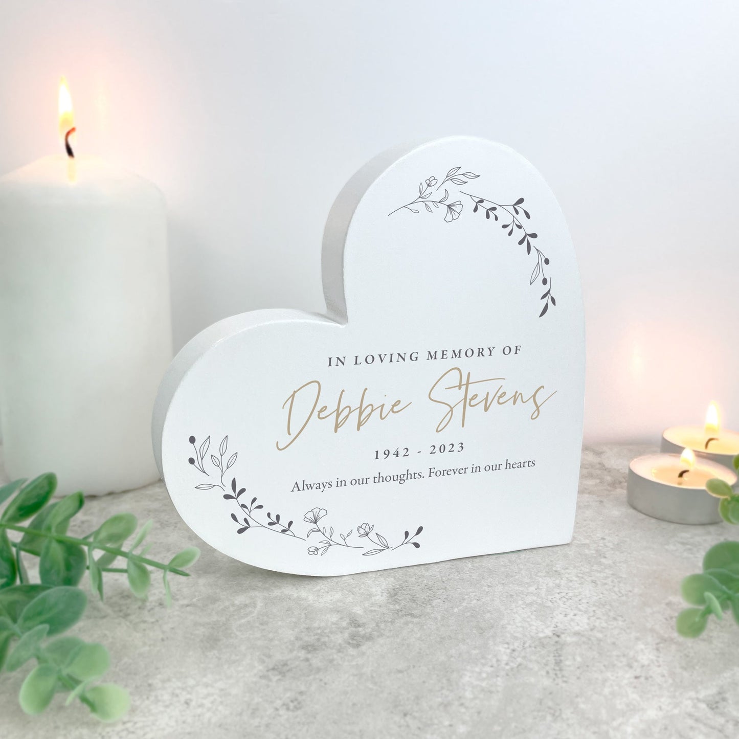 Personalised White Wooden Wreath Memorial Freestanding Heart