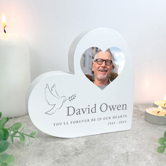 Personalised White In Loving Memory Dove Photo Freestanding Heart