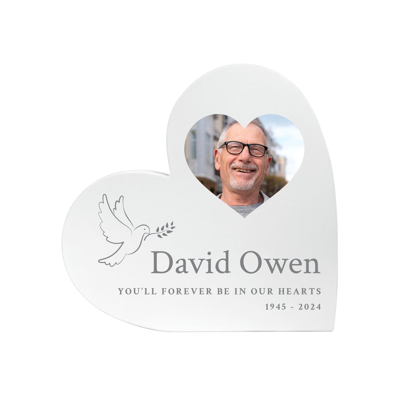 Personalised White In Loving Memory Dove Photo Freestanding Heart