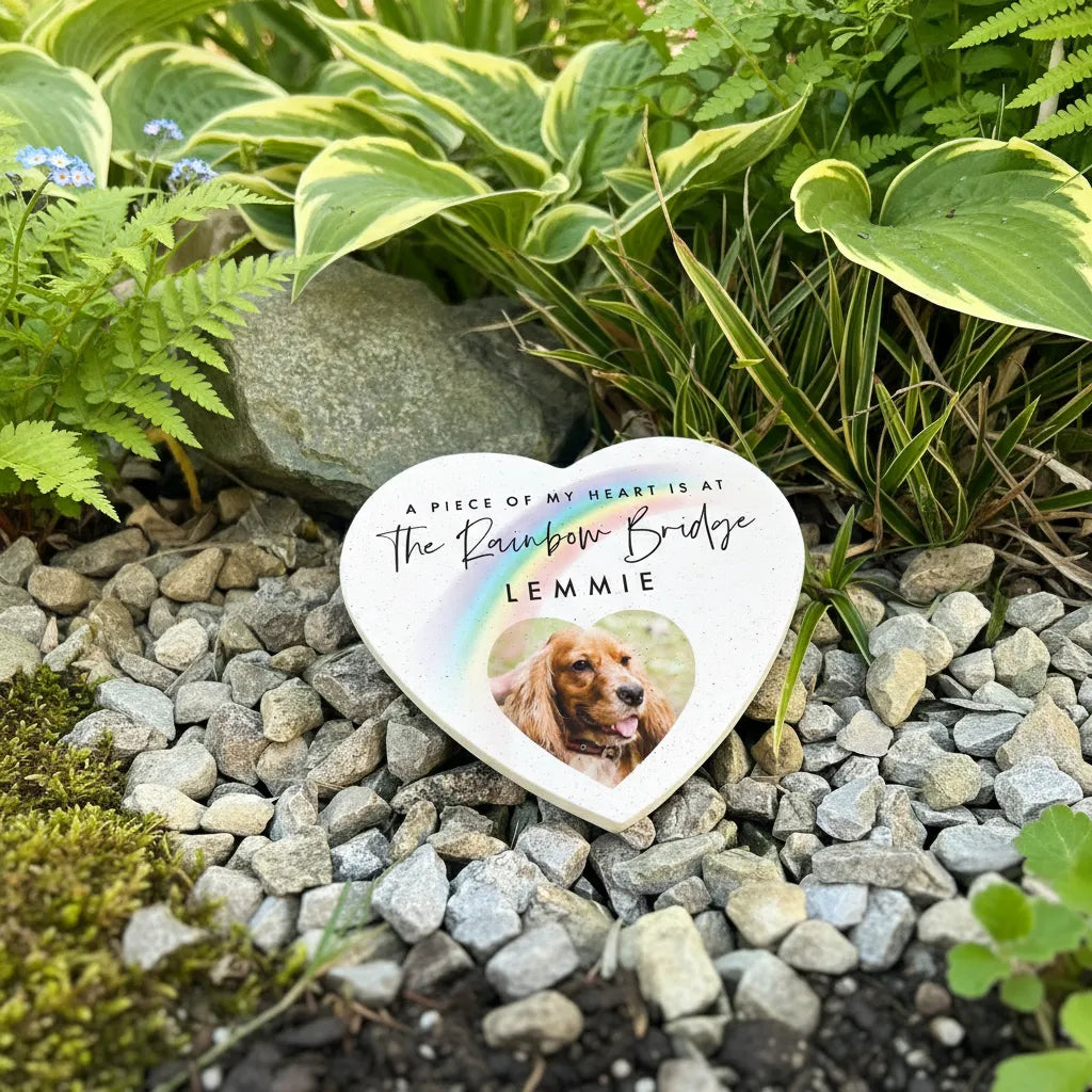 Personalised Pet Rainbow Bridge Photo Resin Heart Grave Marker