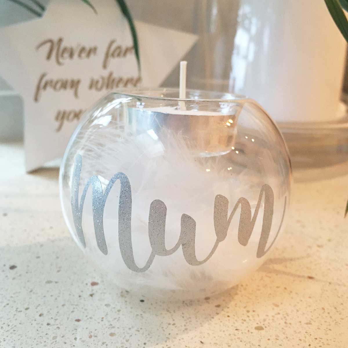 Personalised Memorial Tea Light Holder. Feather Filled Clear Glass Ball.