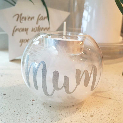 Personalised Memorial Tea Light Holder. Feather Filled Clear Glass Ball.